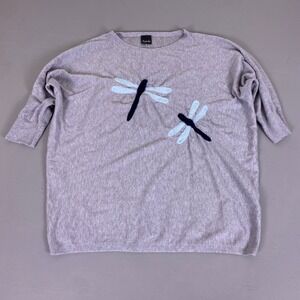 Aaeda Dragonfly Sweater Top Women's 1X Heather Gray Applique 3/4 Sleeve Knit